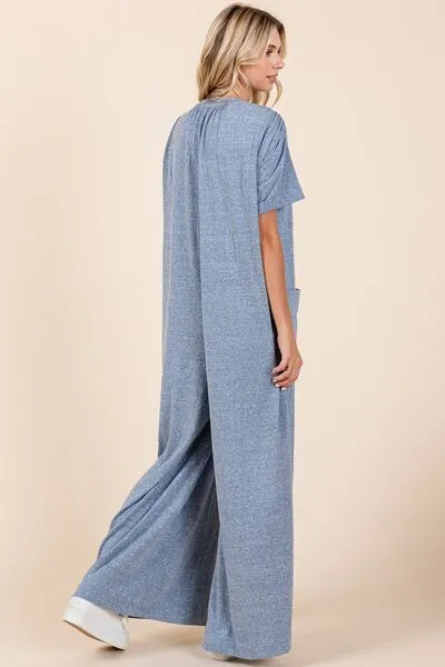Dusty Blue Button Detail Short Sleeve Wide Leg Jumpsuit