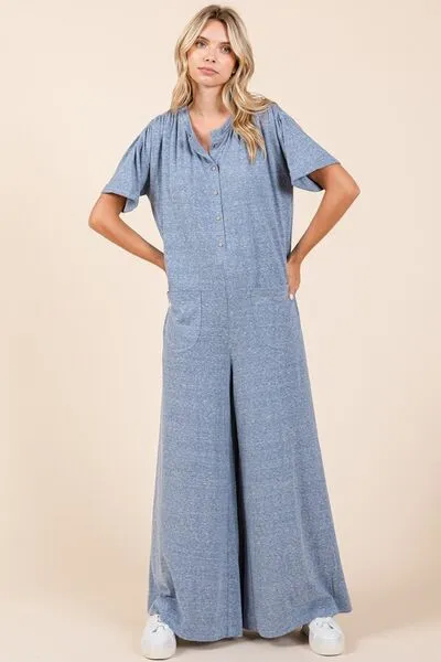 Dusty Blue Button Detail Short Sleeve Wide Leg Jumpsuit