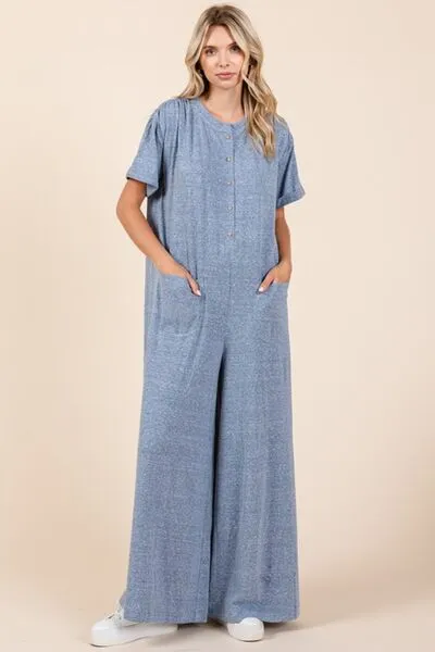 Dusty Blue Button Detail Short Sleeve Wide Leg Jumpsuit