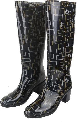 Easy USA Women's 15" Rain Boot Waterproof Rubber Shoes Printed Sizes 6-10 New (9, Black Squares)