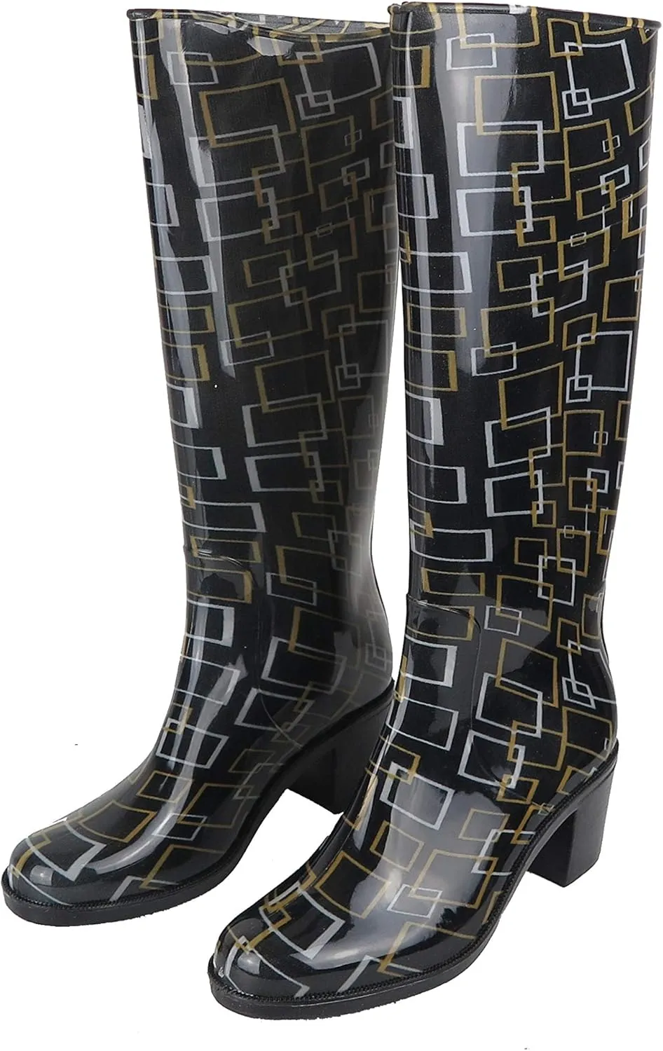 Easy USA Women's 15" Rain Boot Waterproof Rubber Shoes Printed Sizes 6-10 New (9, Black Squares)