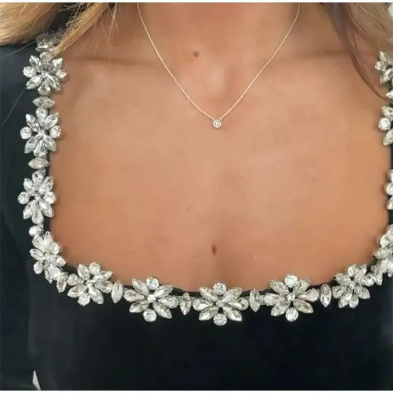 Elegant Square Neck Long-Sleeve Dress – Rhinestone Flower Design A-Line Dress