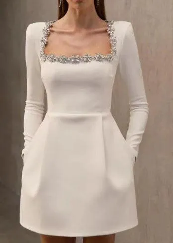 Elegant Square Neck Long-Sleeve Dress – Rhinestone Flower Design A-Line Dress