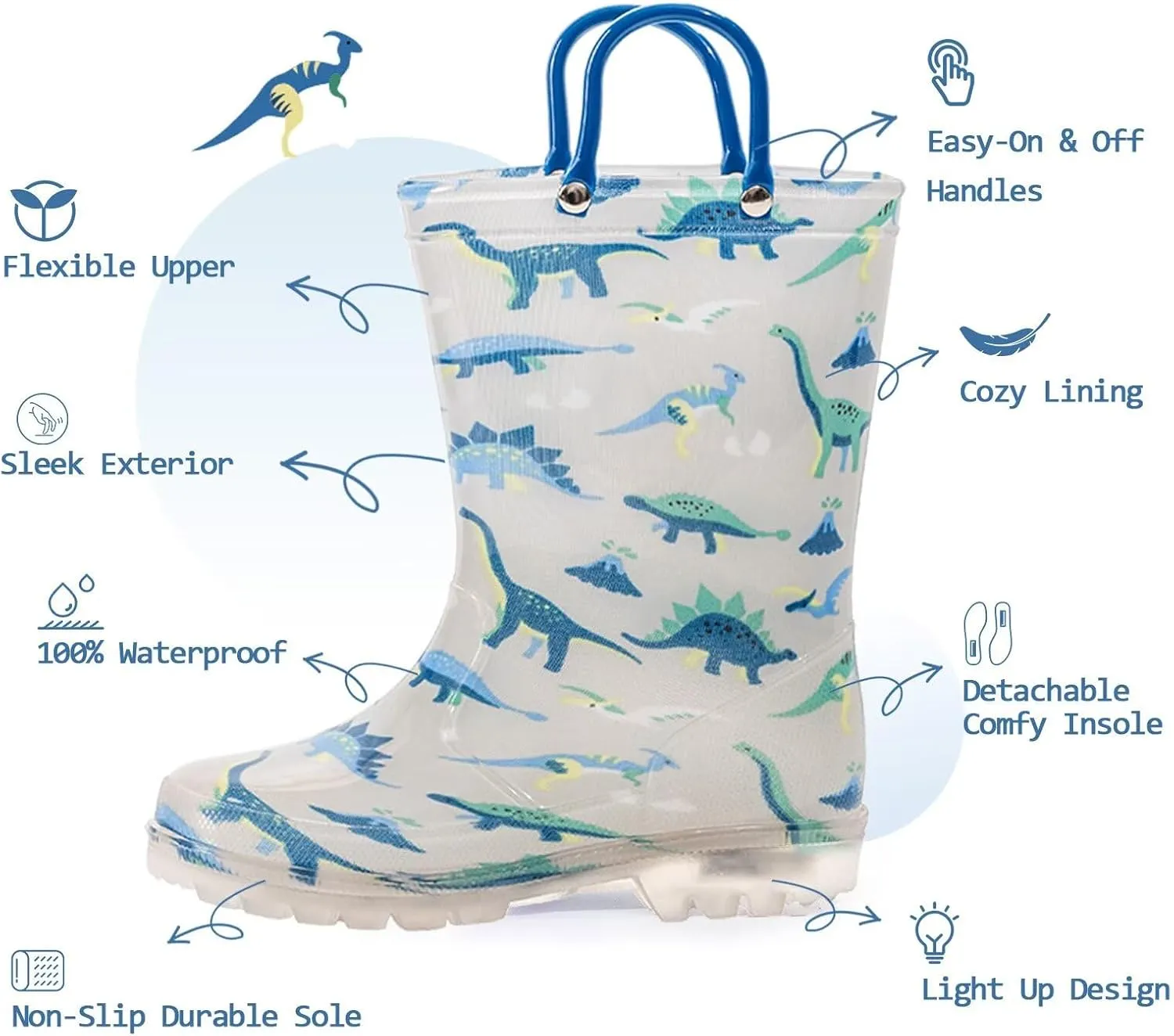 EUXTERPA Kids Toddler Light Up Rain Boots Boys Girls Waterproof Patterns and Glitter Boots with Easy On Handles