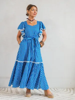 'FEATHER' DRESS IN COBALT GINGHAM