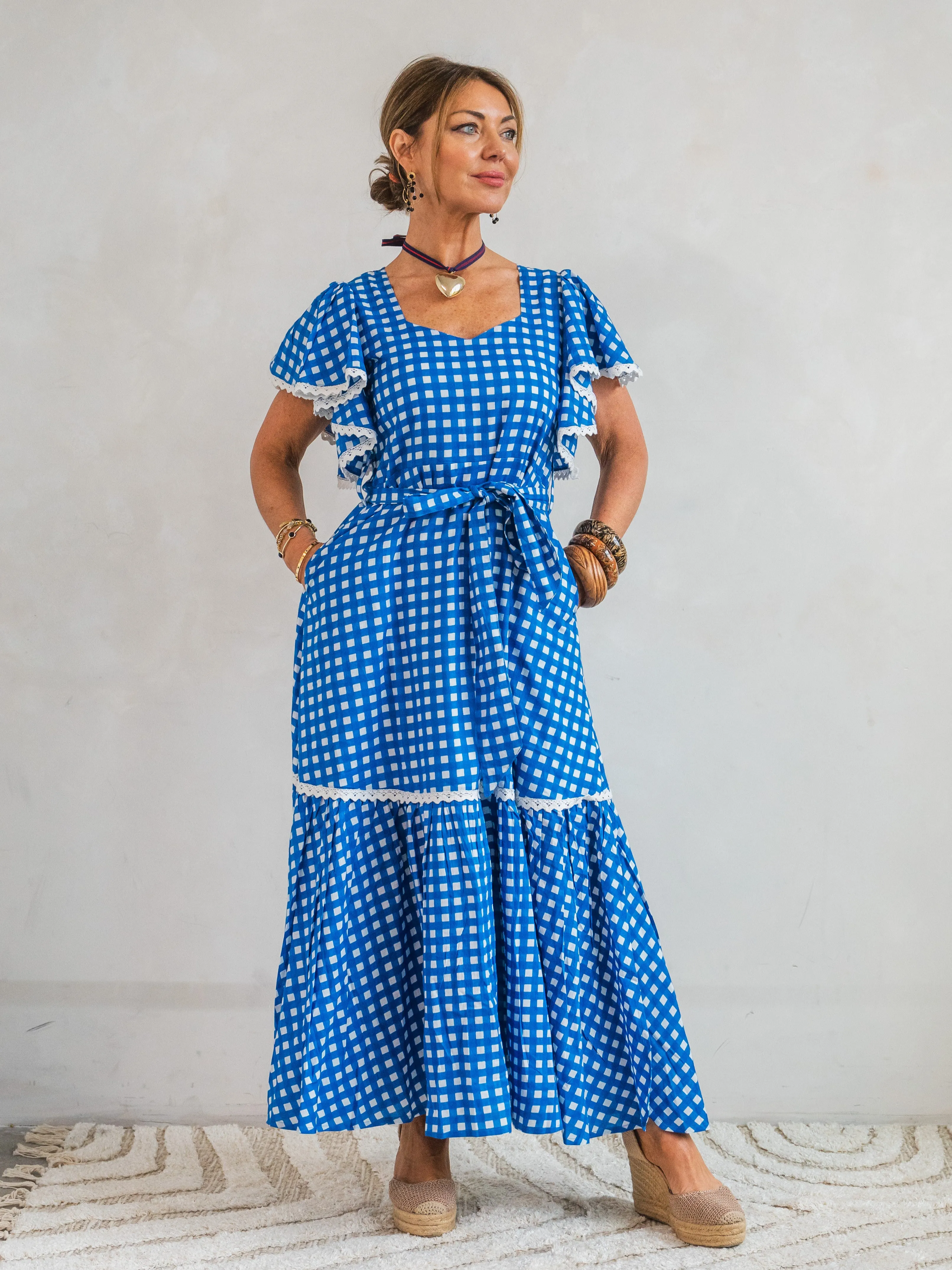 'FEATHER' DRESS IN COBALT GINGHAM