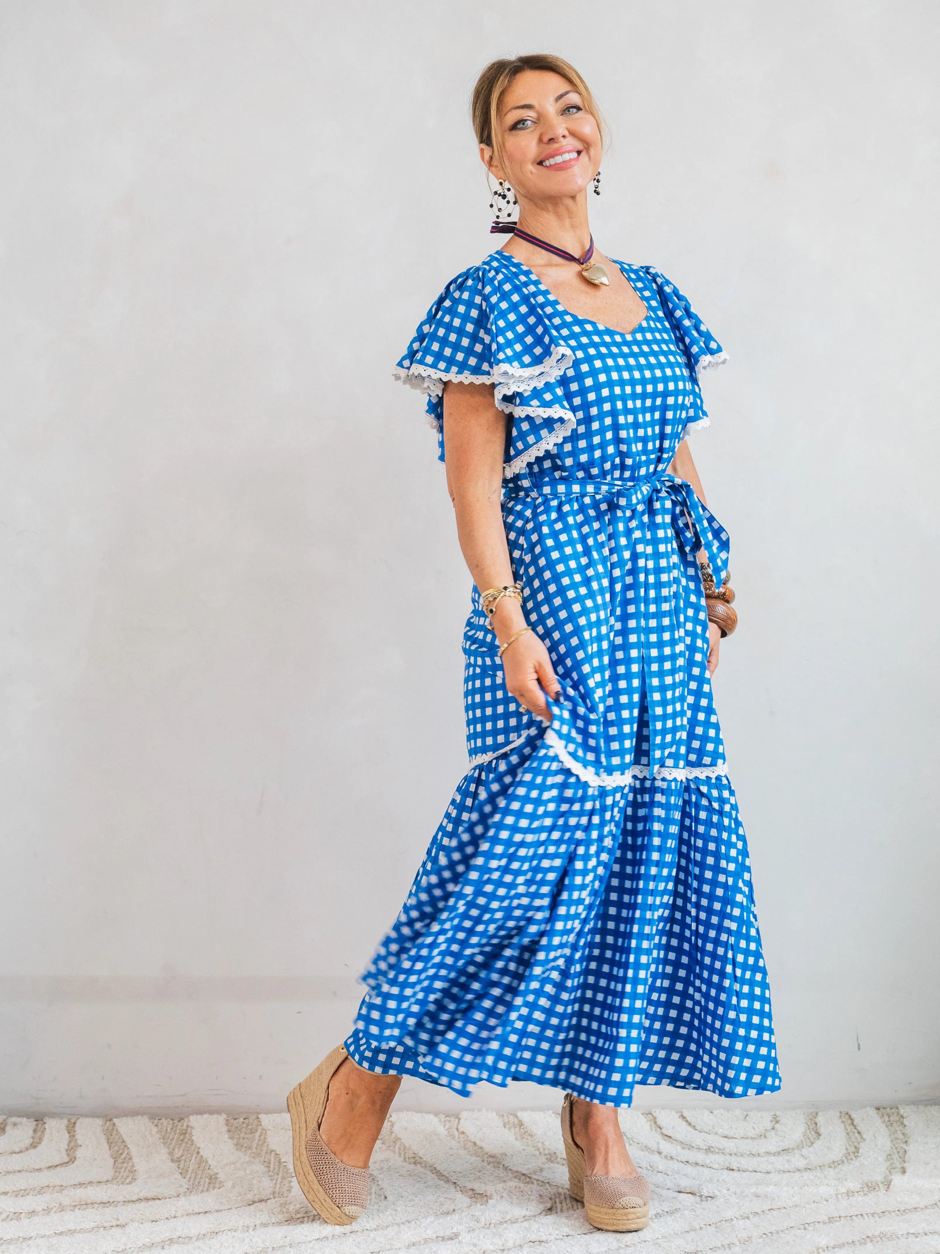 'FEATHER' DRESS IN COBALT GINGHAM