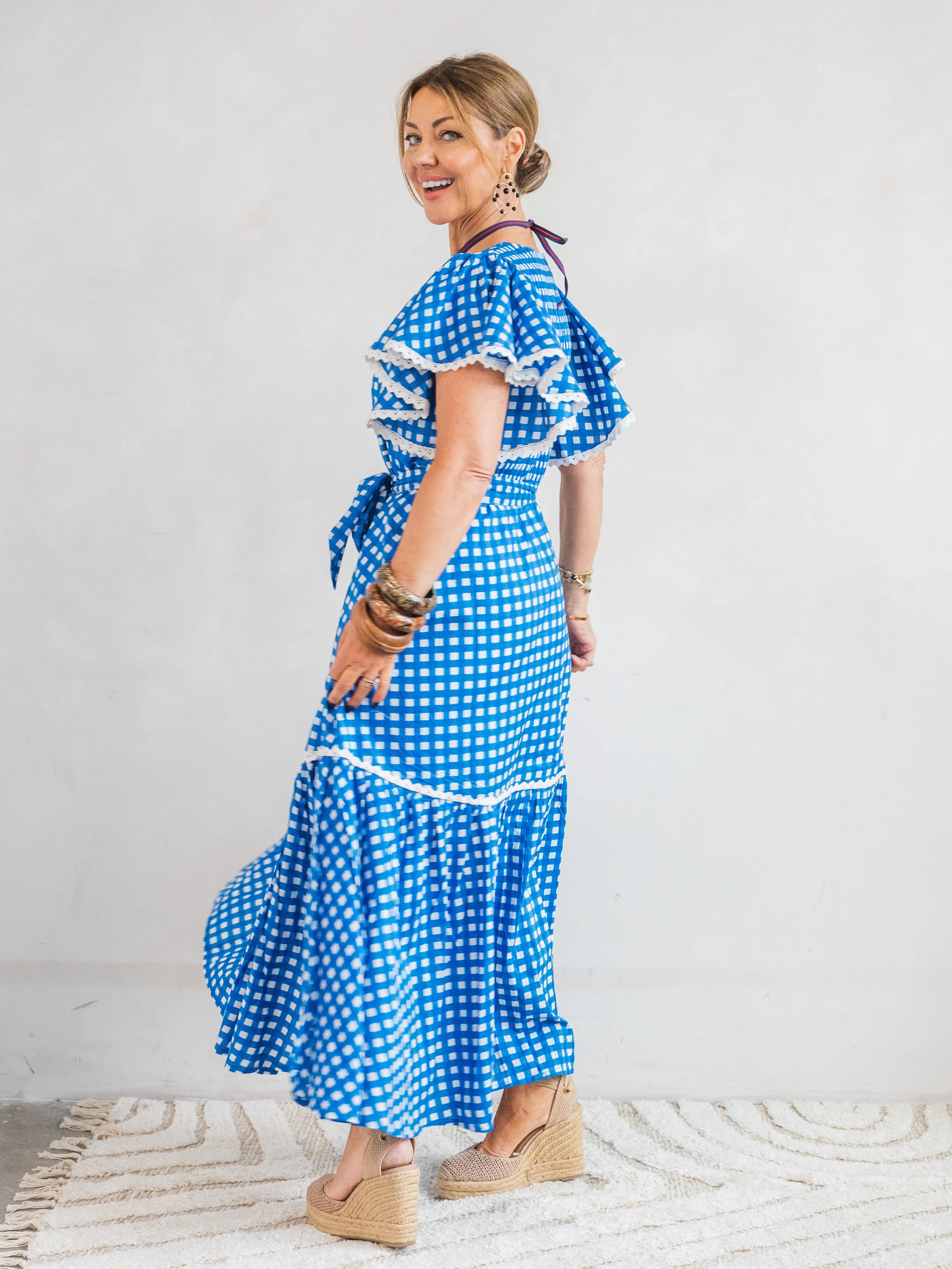 'FEATHER' DRESS IN COBALT GINGHAM