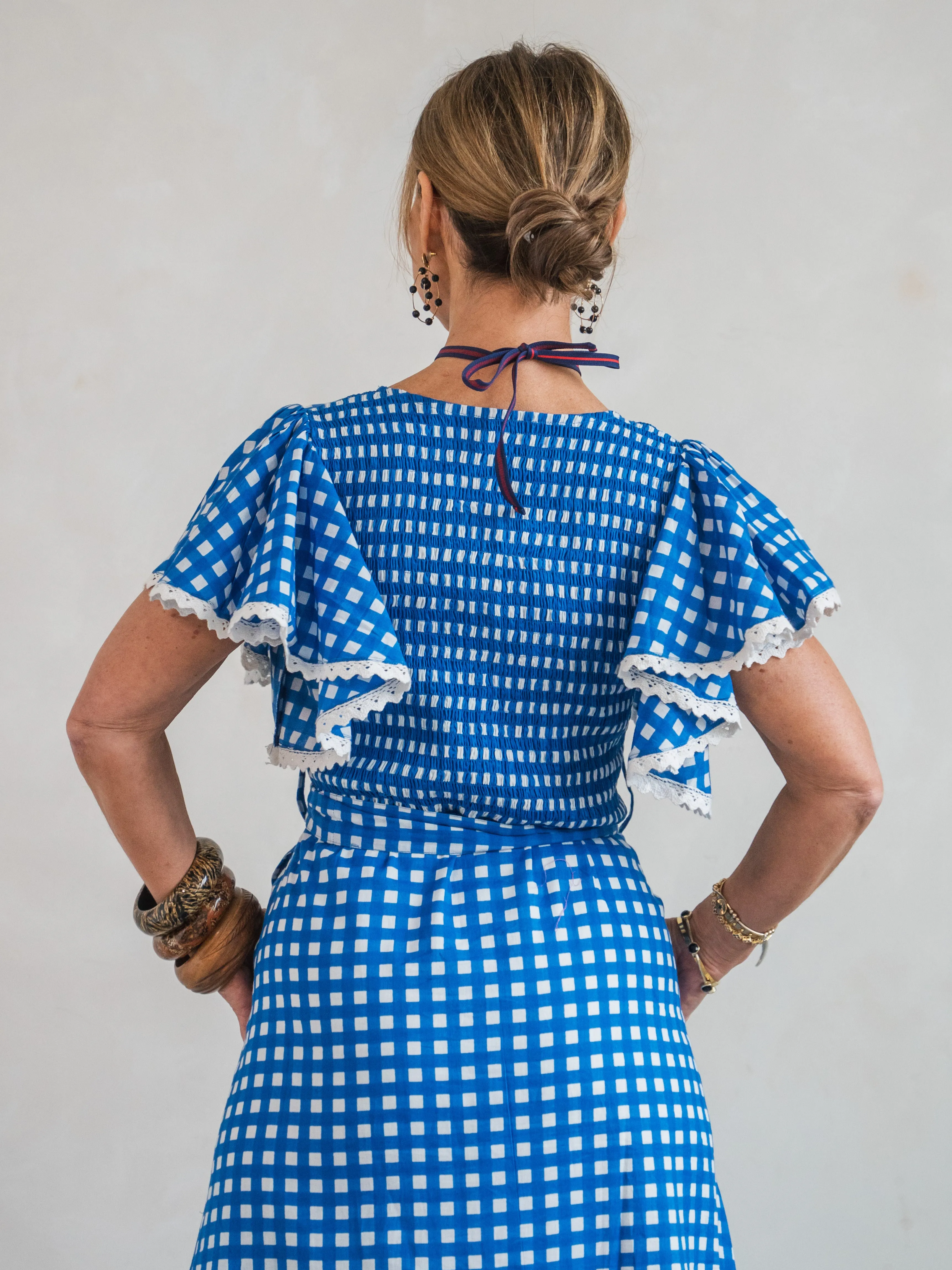 'FEATHER' DRESS IN COBALT GINGHAM
