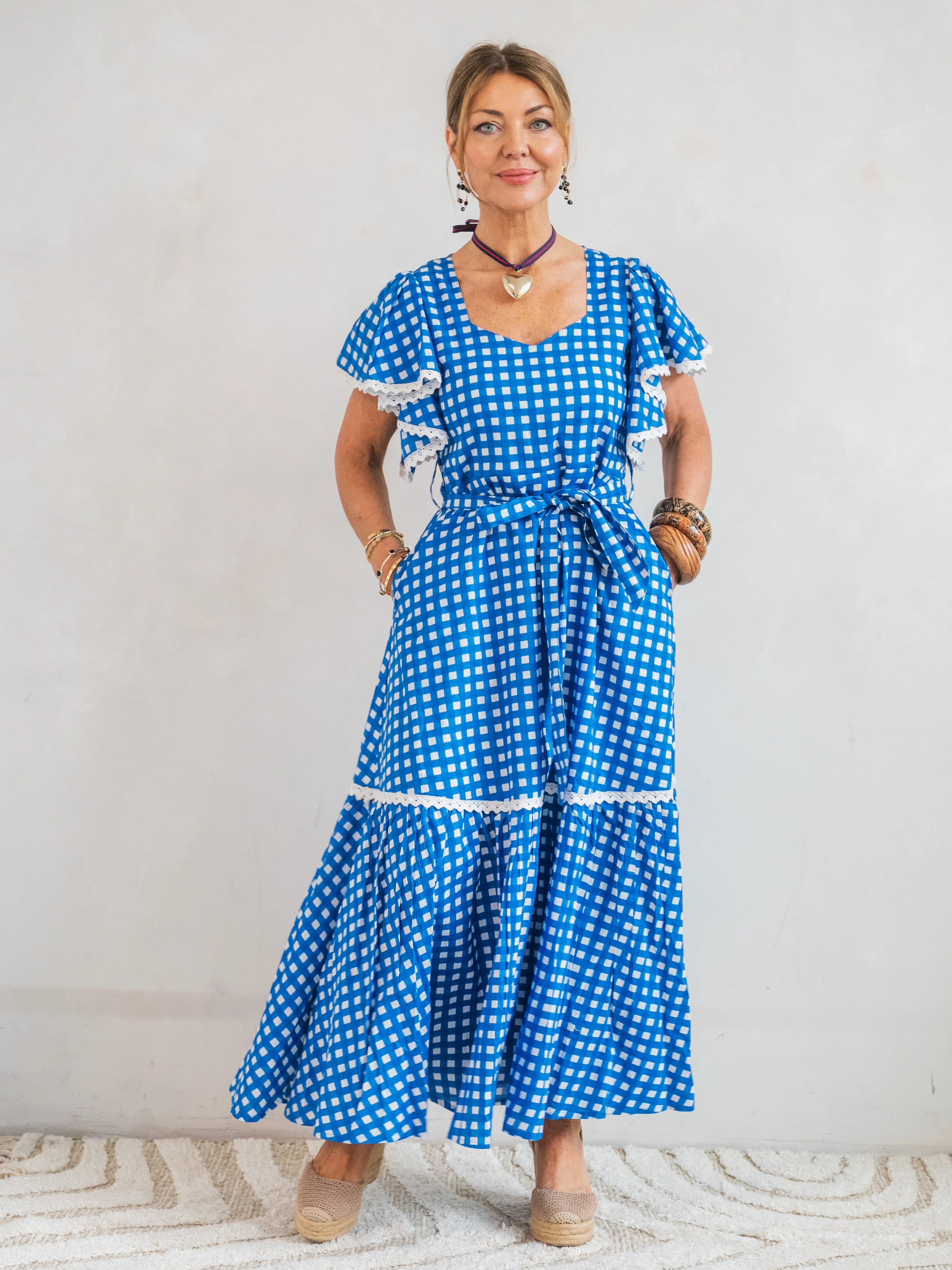'FEATHER' DRESS IN COBALT GINGHAM