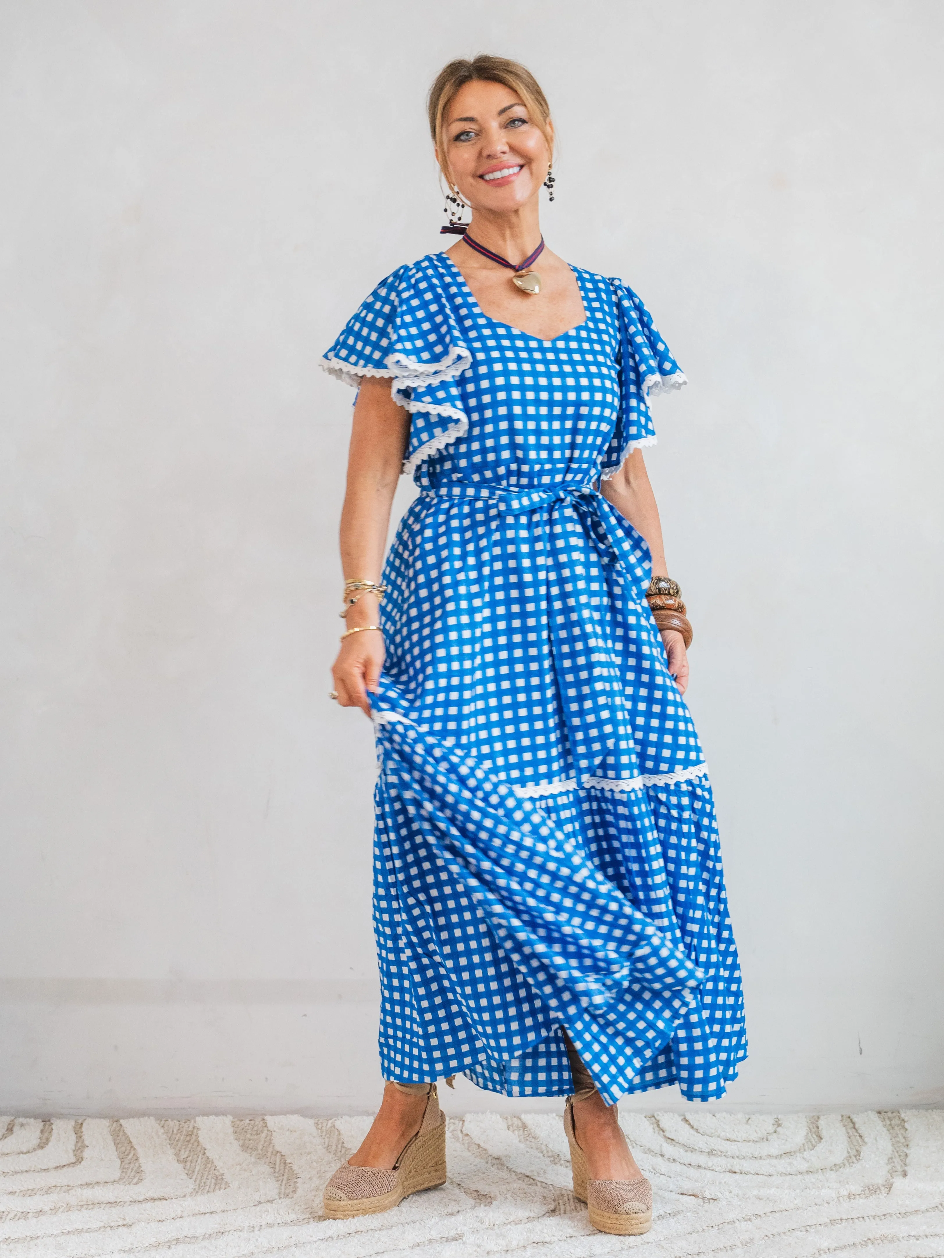 'FEATHER' DRESS IN COBALT GINGHAM
