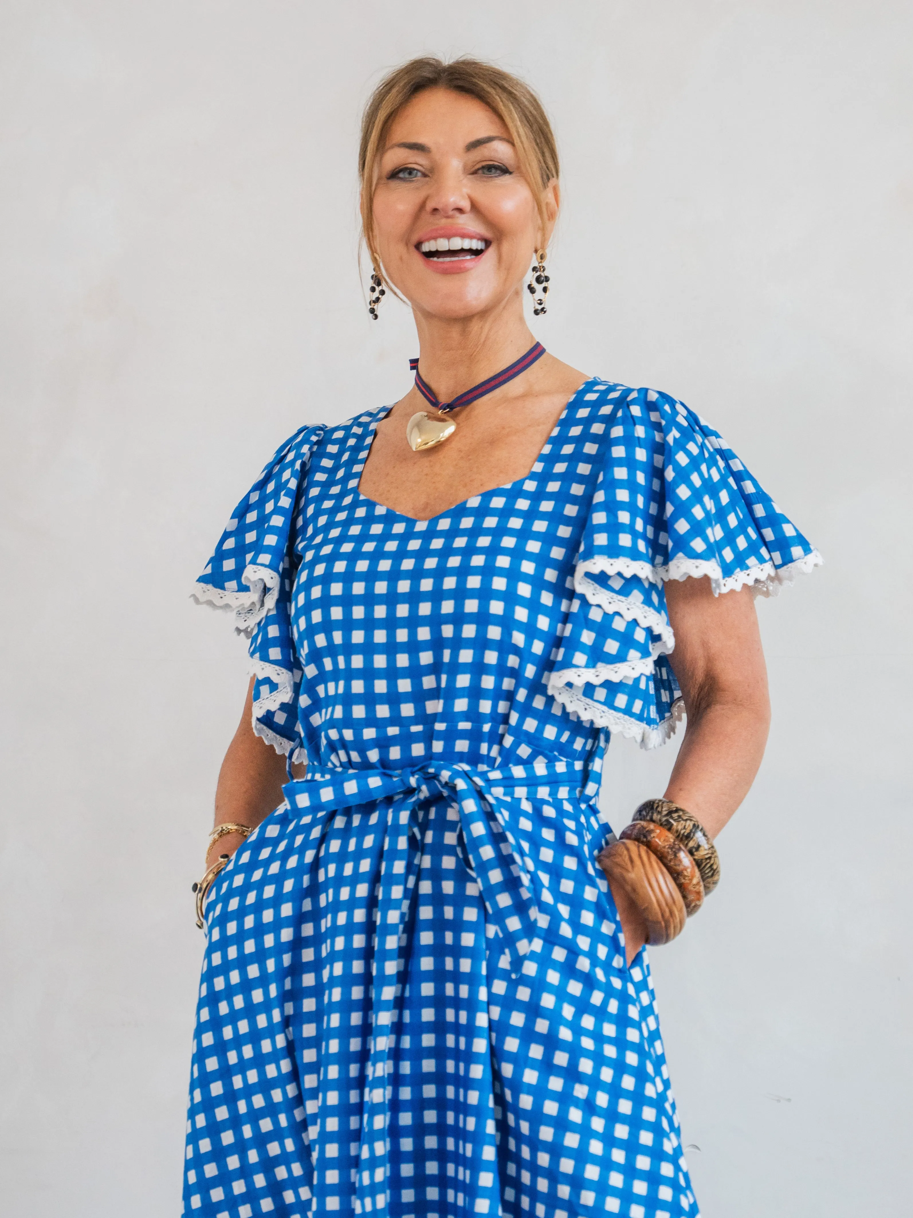 'FEATHER' DRESS IN COBALT GINGHAM