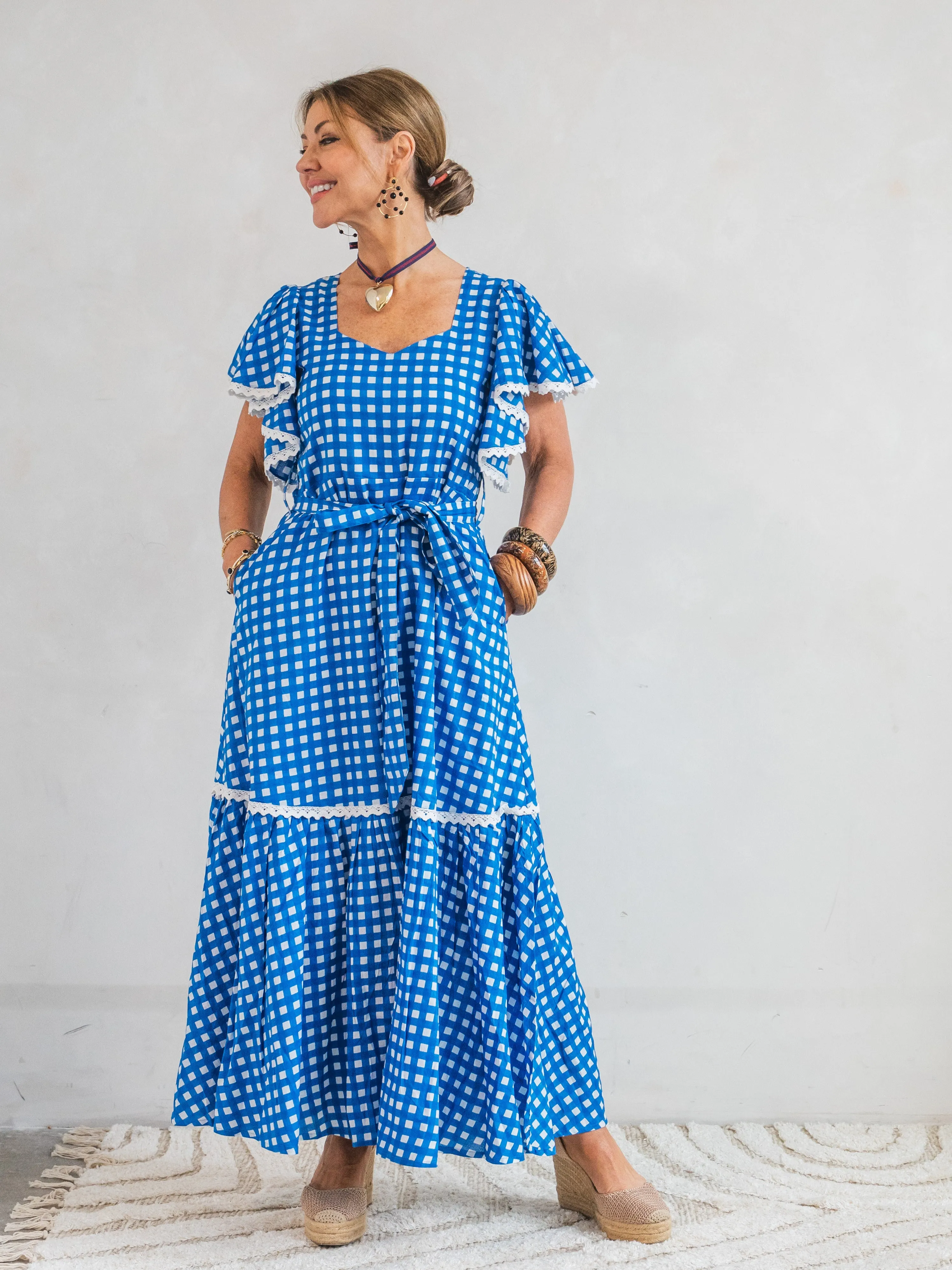 'FEATHER' DRESS IN COBALT GINGHAM
