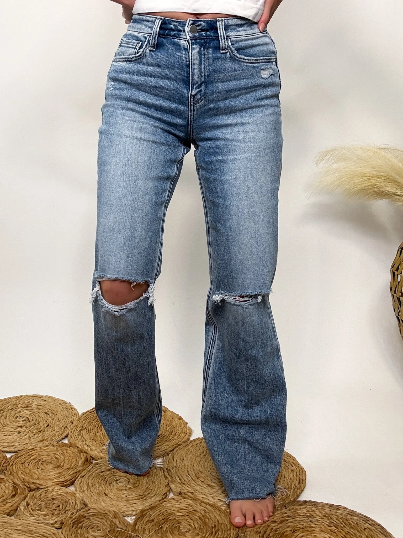 Flying Monkey High Rise Distressed Slim Wide Jeans