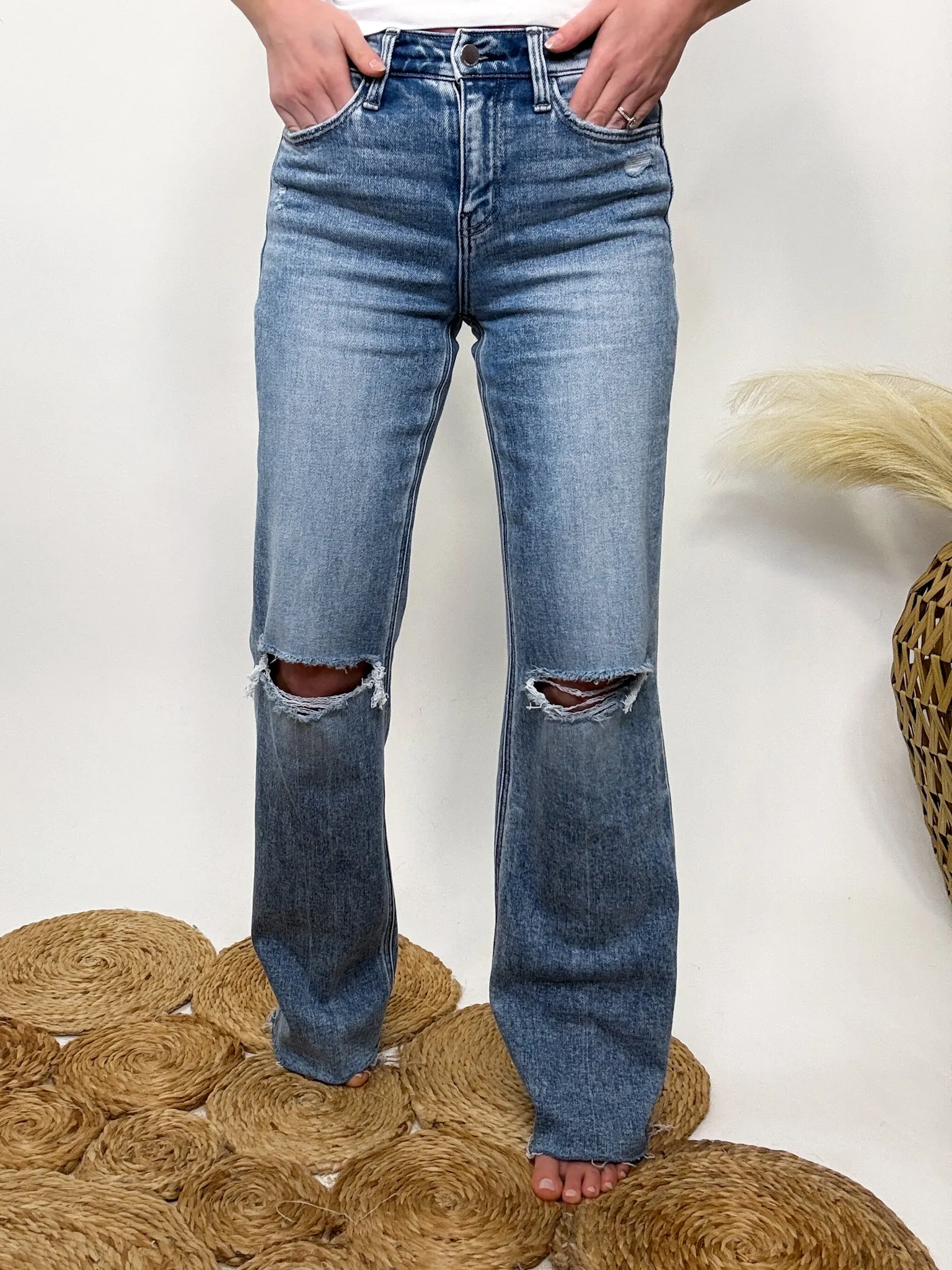 Flying Monkey High Rise Distressed Slim Wide Jeans