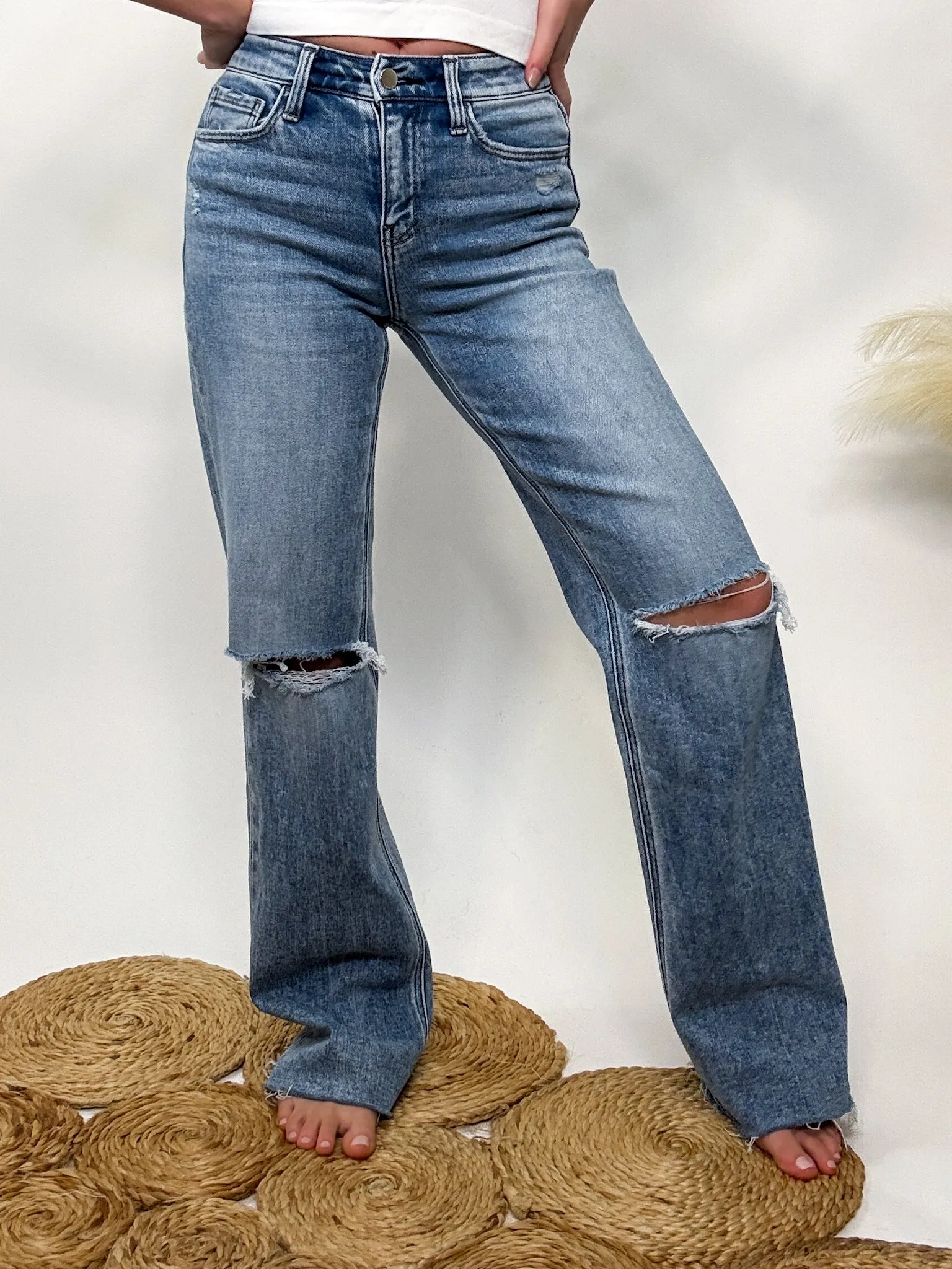 Flying Monkey High Rise Distressed Slim Wide Jeans