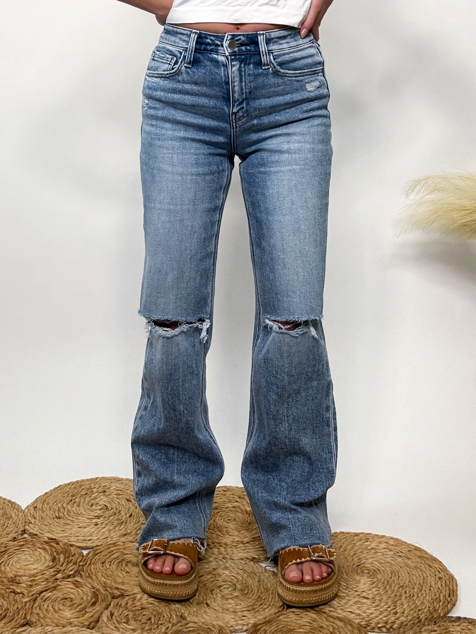 Flying Monkey High Rise Distressed Slim Wide Jeans