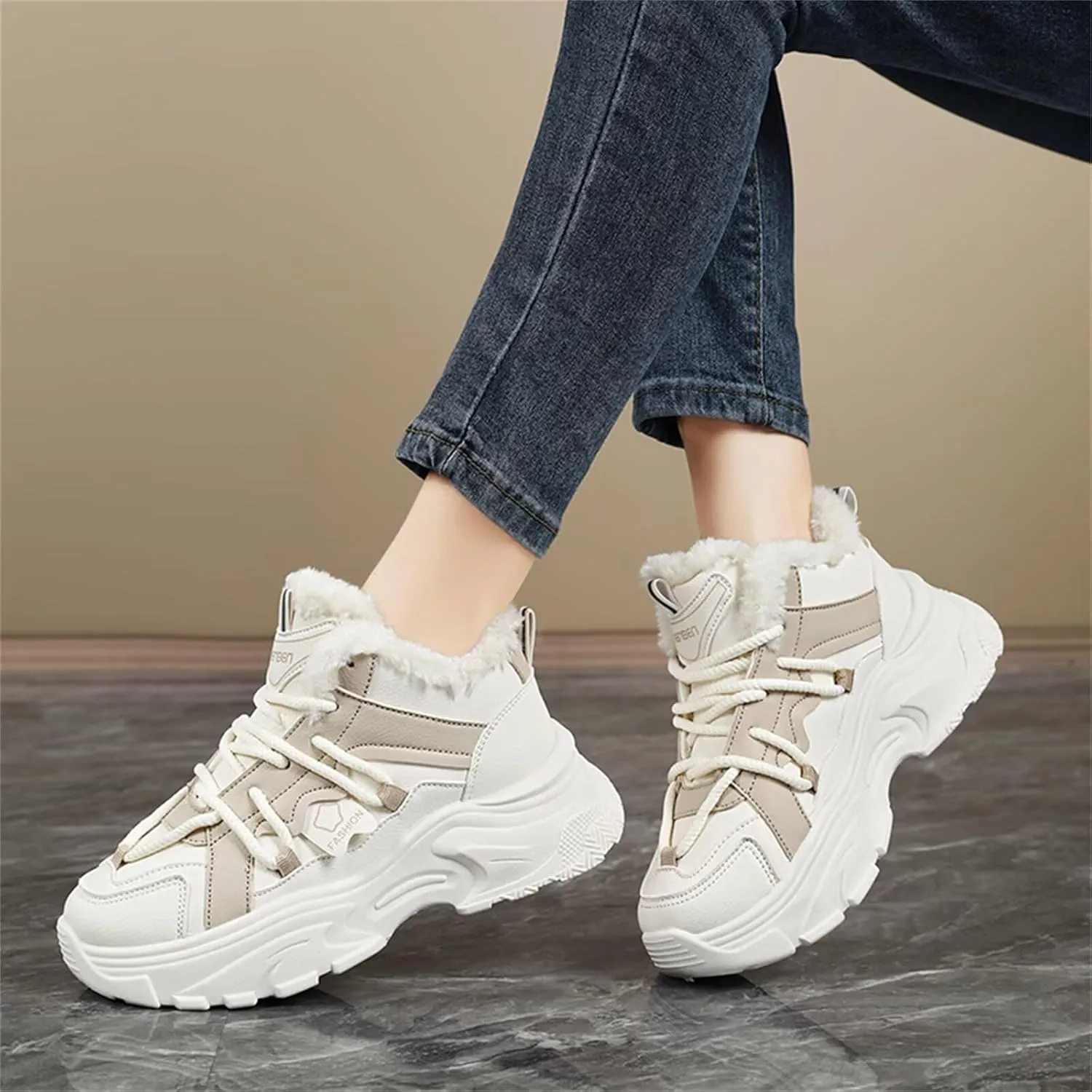 Fur Lined Winter Sneakers for Women Fashion Dad Shoes Warm Fleece Lining Comfortable Chunky Platform Sneakers for Girls