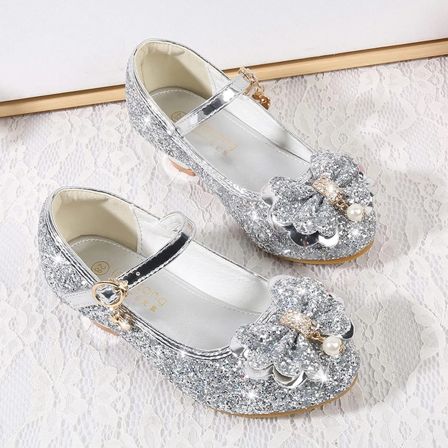 Girls Dress Shoes Flower Wedding Party Low Heels with Cute Bowknot Sparkle for Footwear for Toddler Little/Big Kid