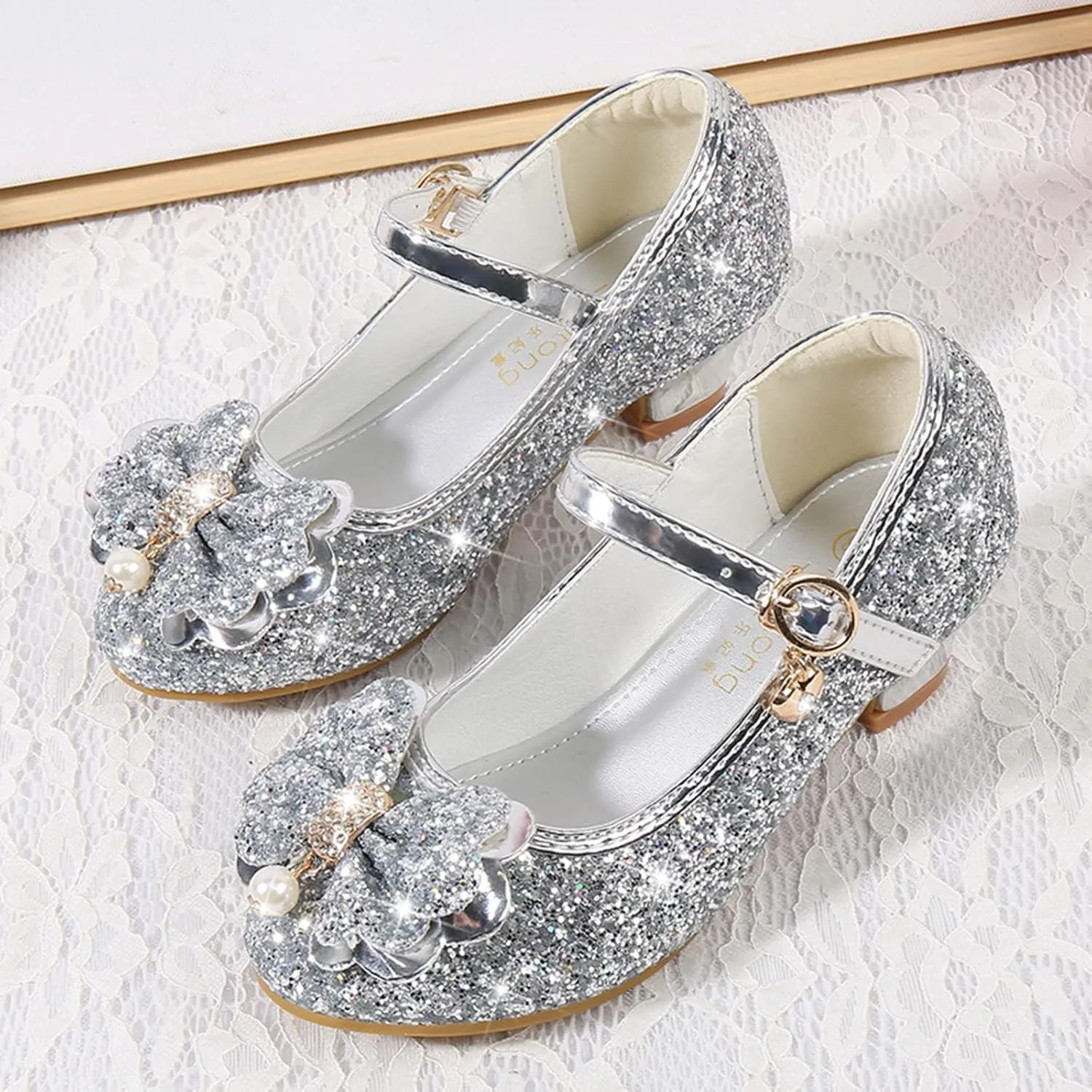Girls Dress Shoes Flower Wedding Party Low Heels with Cute Bowknot Sparkle for Footwear for Toddler Little/Big Kid