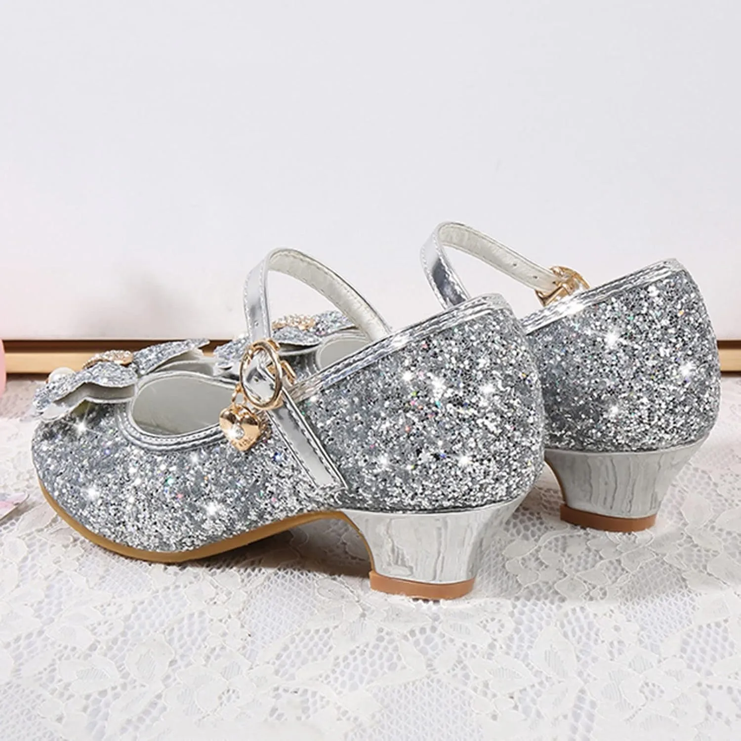 Girls Dress Shoes Flower Wedding Party Low Heels with Cute Bowknot Sparkle for Footwear for Toddler Little/Big Kid