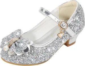 Girls Dress Shoes Flower Wedding Party Low Heels with Cute Bowknot Sparkle for Footwear for Toddler Little/Big Kid