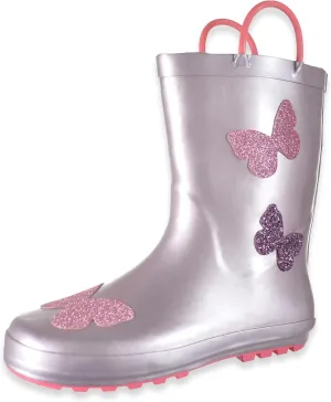 Girls Rain Boots for Little Kids - Waterproof Rubber Rainboots with Easy-On Handles (Pink Butterflies, Size 12)