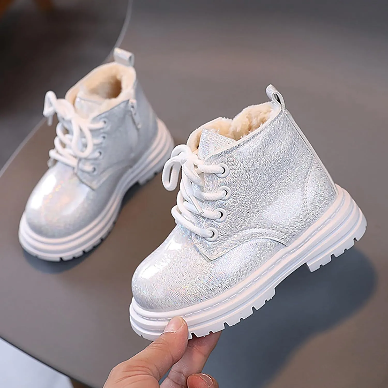 Girls Winter Glitter Ankle Boots Zipper Round Toe Chelsea Platform Elastic Short Booties Kids Comfortable Slip on Lug Sole Chelsea Booties for Toddler Little Kid Big Kids