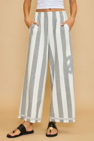 Gray Peace Sign Patch Striped Wide Leg Pants
