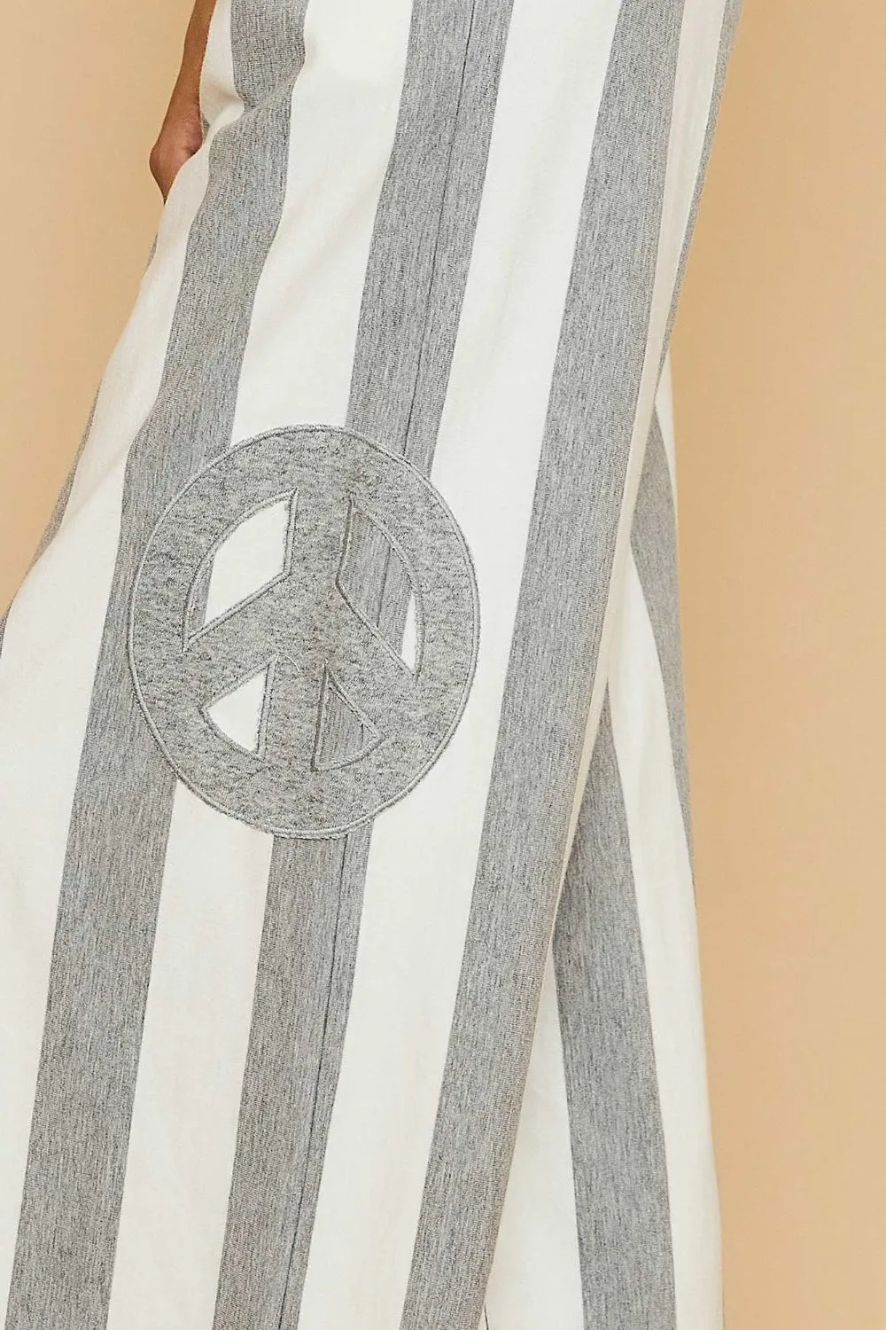 Gray Peace Sign Patch Striped Wide Leg Pants