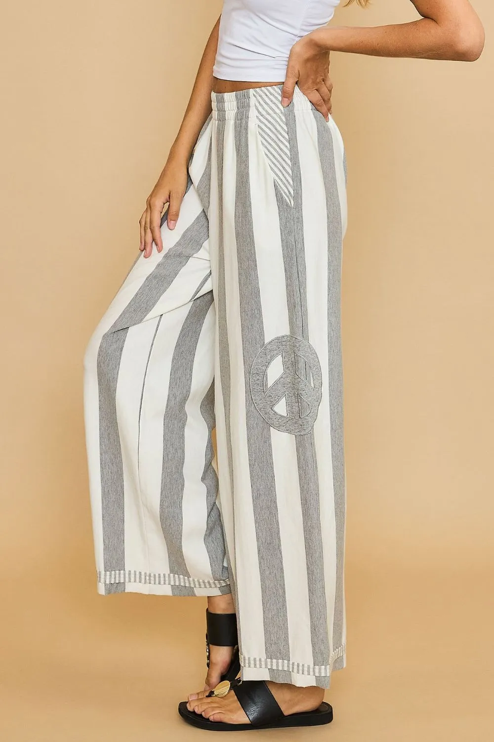 Gray Peace Sign Patch Striped Wide Leg Pants
