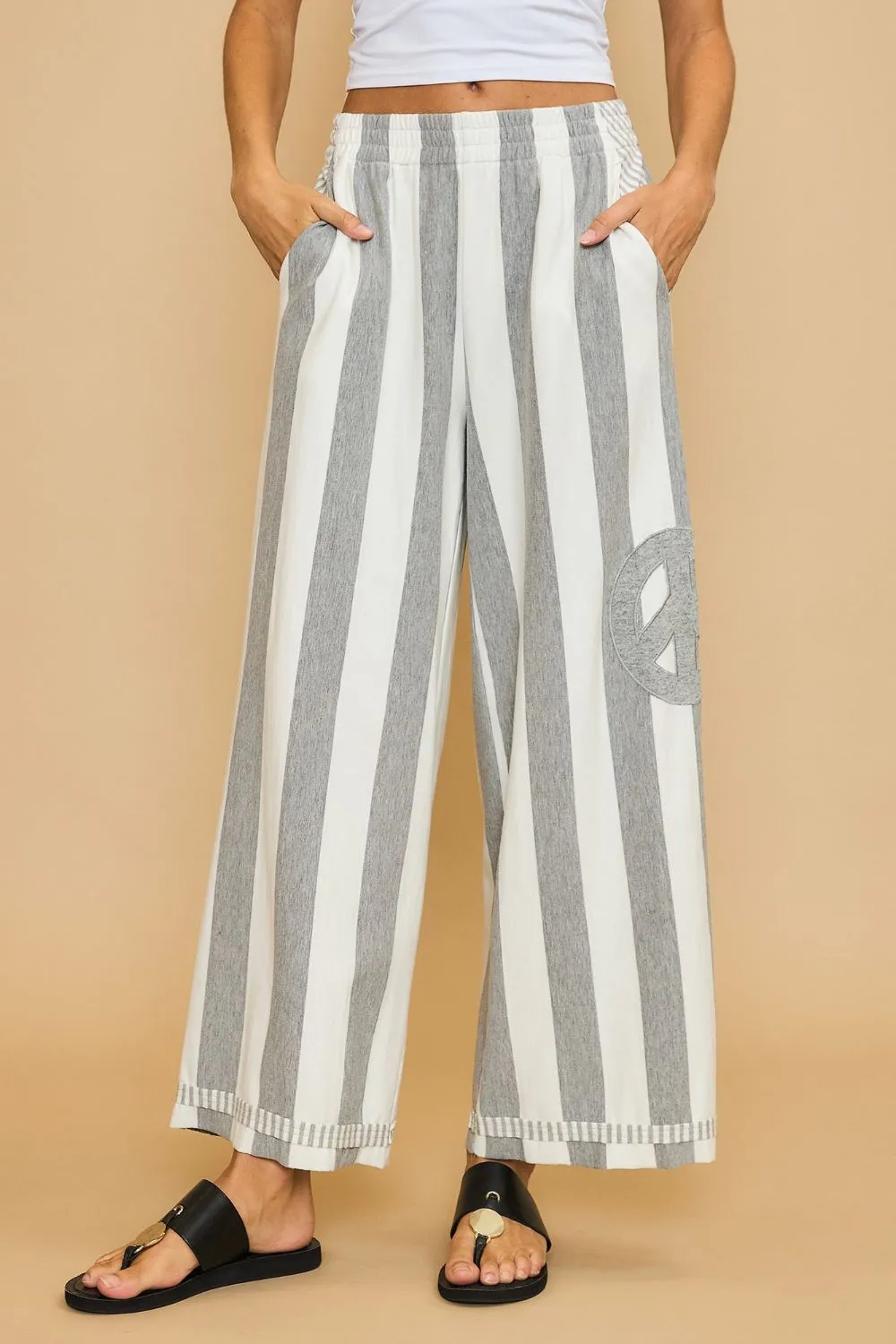 Gray Peace Sign Patch Striped Wide Leg Pants