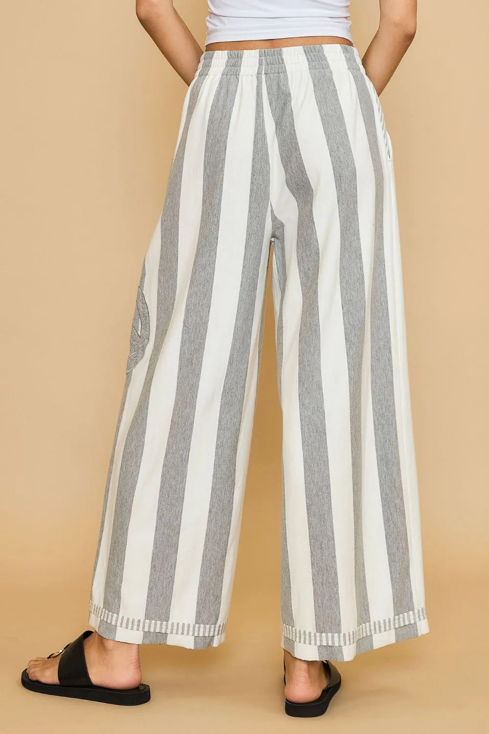 Gray Peace Sign Patch Striped Wide Leg Pants