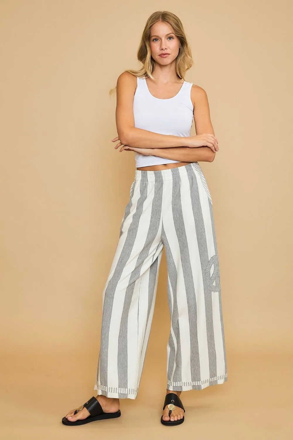Gray Peace Sign Patch Striped Wide Leg Pants