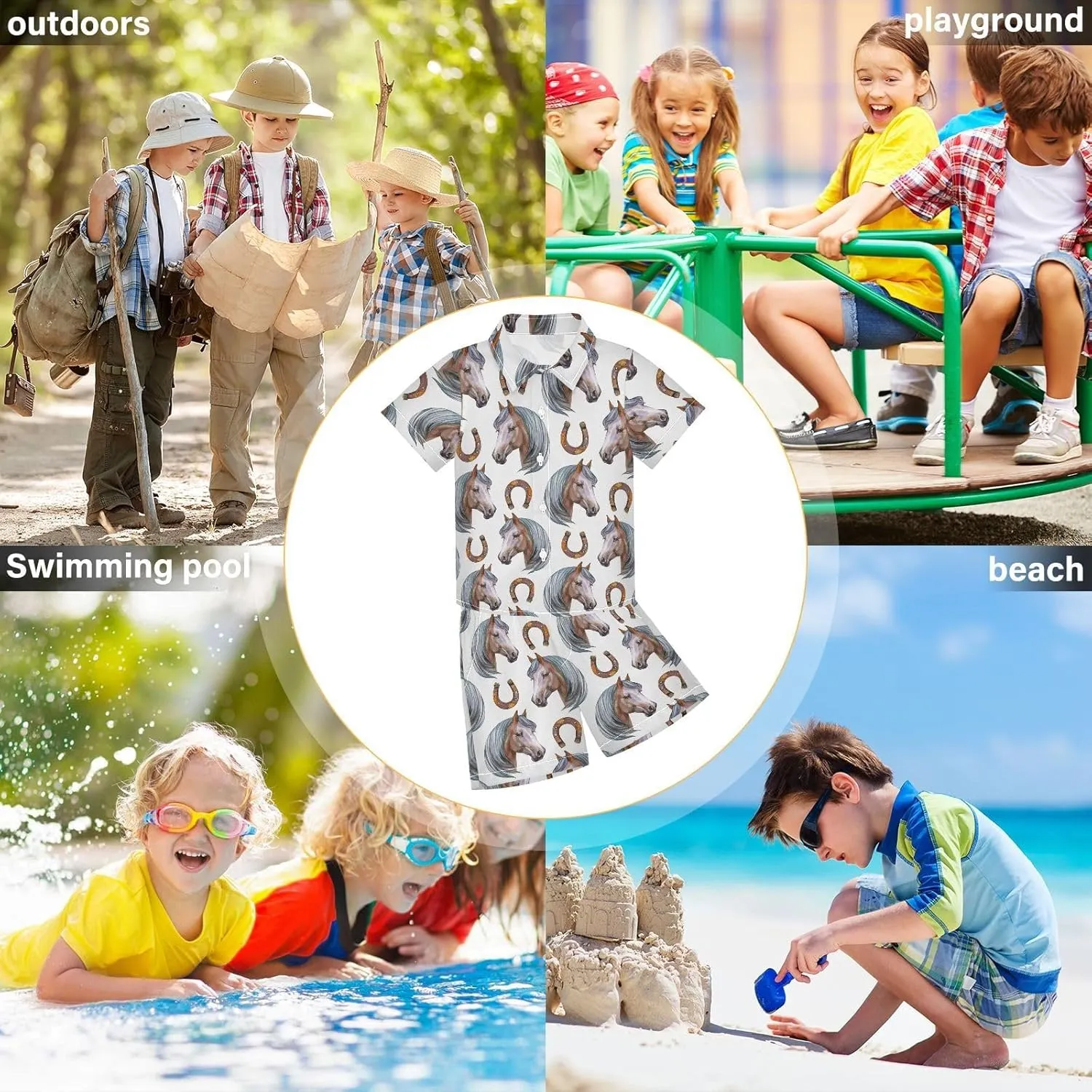 Hawaiian T-Shirt & Shorts,Cute Pear Green Boys Button-Down Short Sets, Kids Outfits for 9-10 Years