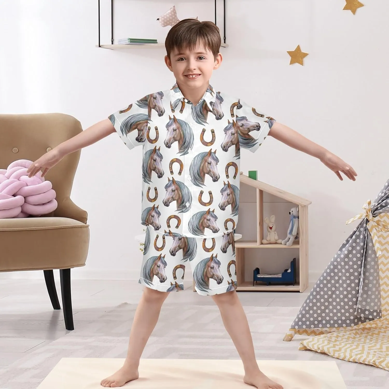 Hawaiian T-Shirt & Shorts,Cute Pear Green Boys Button-Down Short Sets, Kids Outfits for 9-10 Years