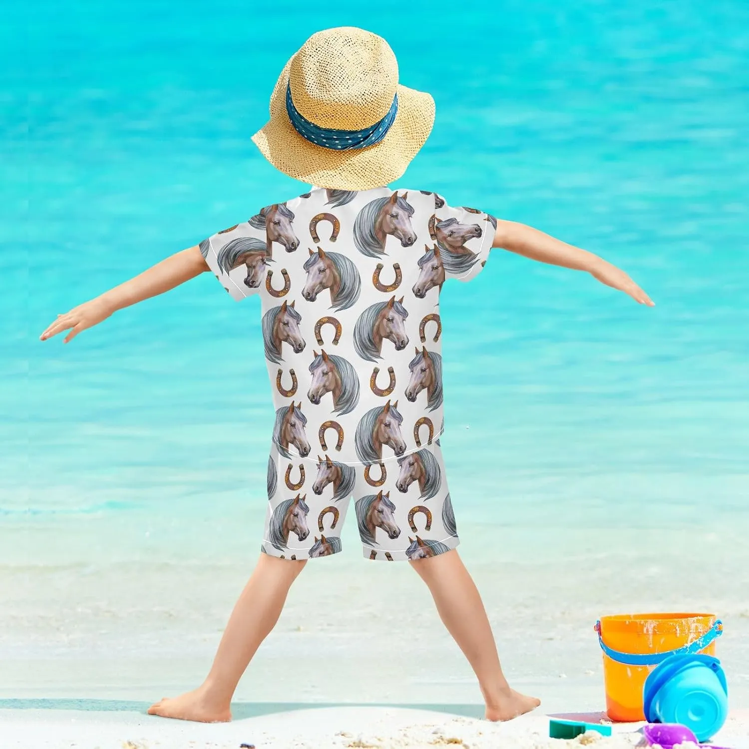 Hawaiian T-Shirt & Shorts,Cute Pear Green Boys Button-Down Short Sets, Kids Outfits for 9-10 Years