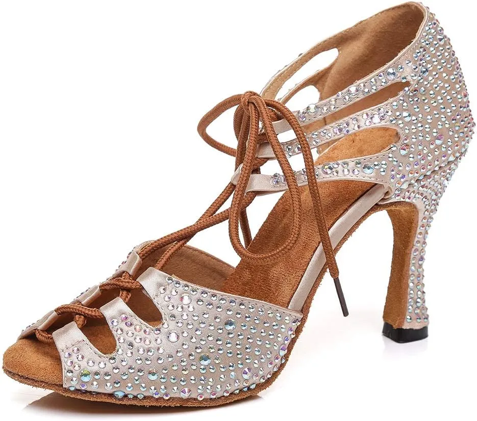 HIPPOSEUS Women's Classic Shiny Rhinestones Latin Dance Shoes - Lace up Ballroom Wedding Party Dance Performance Sandals,Model 429