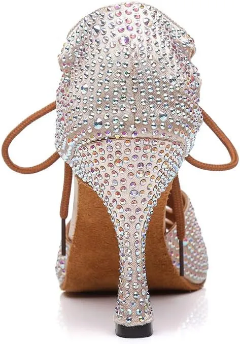 HIPPOSEUS Women's Classic Shiny Rhinestones Latin Dance Shoes - Lace up Ballroom Wedding Party Dance Performance Sandals,Model 429