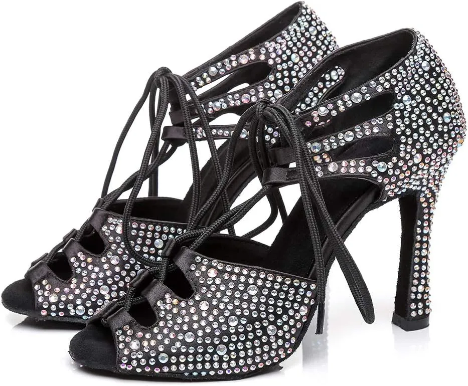 HIPPOSEUS Women's Classic Shiny Rhinestones Latin Dance Shoes - Lace up Ballroom Wedding Party Dance Performance Sandals,Model 429