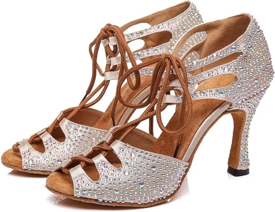 HIPPOSEUS Women's Classic Shiny Rhinestones Latin Dance Shoes - Lace up Ballroom Wedding Party Dance Performance Sandals,Model 429