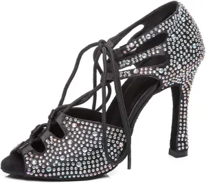 HIPPOSEUS Women's Classic Shiny Rhinestones Latin Dance Shoes - Lace up Ballroom Wedding Party Dance Performance Sandals,Model 429