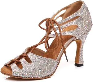 HIPPOSEUS Women's Classic Shiny Rhinestones Latin Dance Shoes - Lace up Ballroom Wedding Party Dance Performance Sandals,Model 429