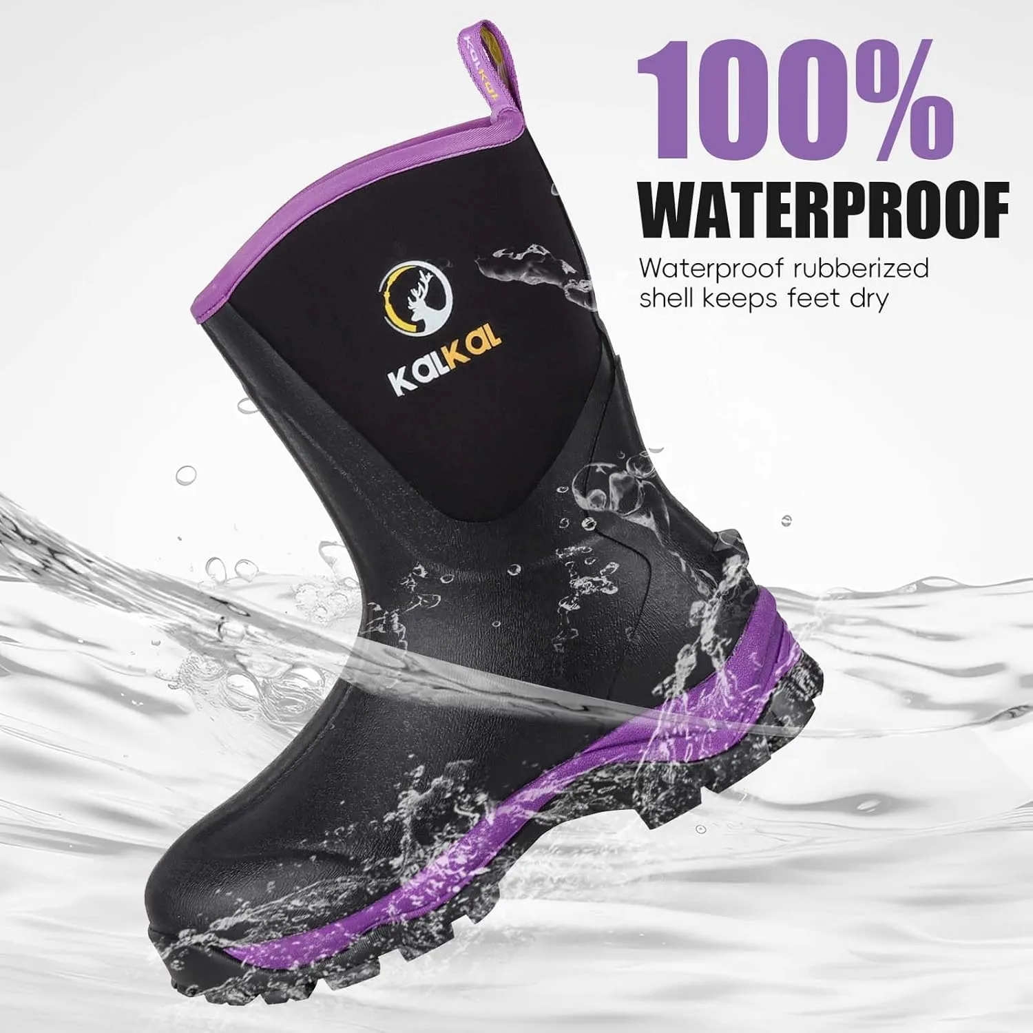Kalkal Rubber Boots for Women Waterproof Mid Calf Rain Boots, Lightweight 6mm Neoprene Insulated Womens Work Boots for Garden Farm Yard Chore Mud Boots (Size 6-11)