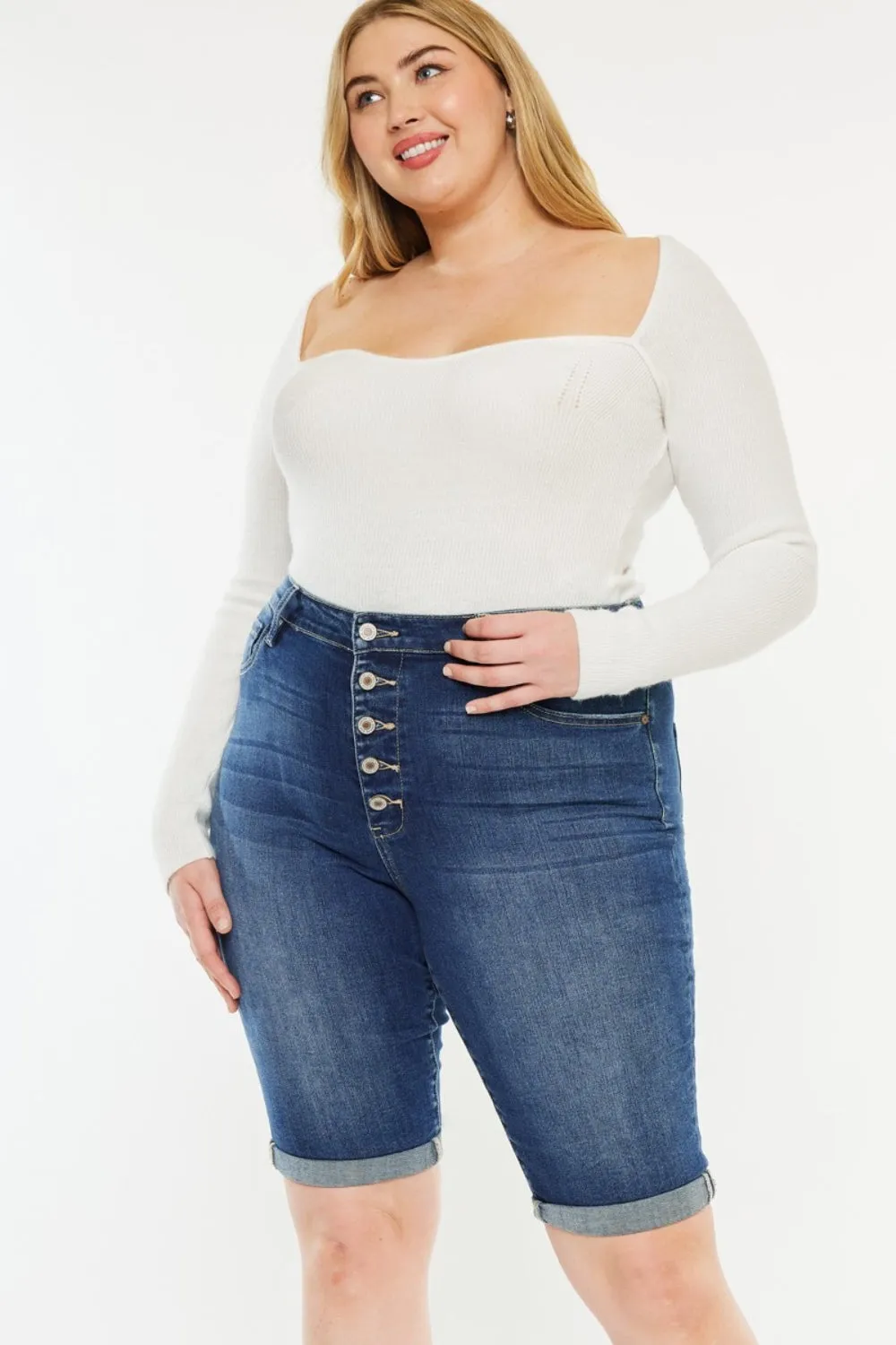 Kancan Button Fly Denim Knee Length Shorts