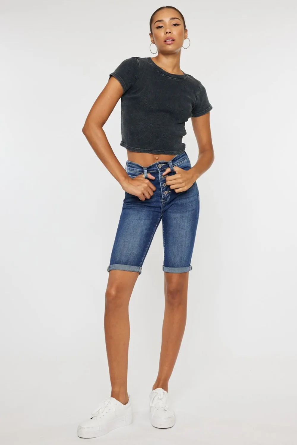Kancan Button Fly Denim Knee Length Shorts