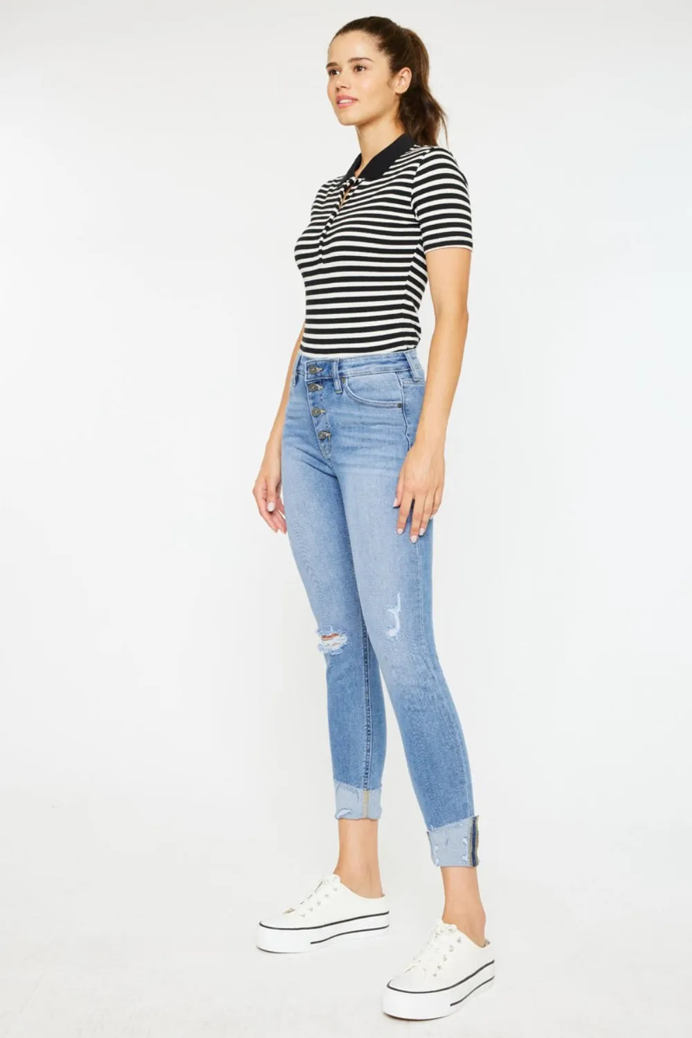 Kylie Distressed Cat's Whiskers Button Fly Jeans | Kancan