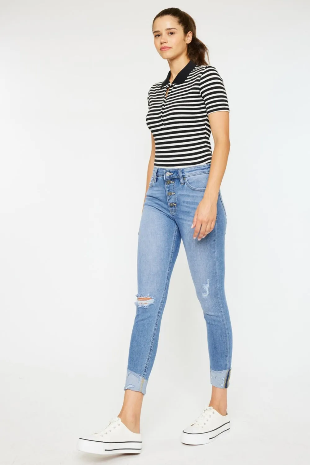 Kylie Distressed Cat's Whiskers Button Fly Jeans | Kancan