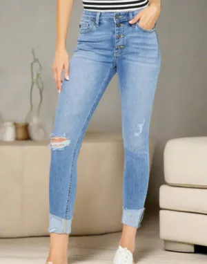 Kylie Distressed Cat's Whiskers Button Fly Jeans | Kancan