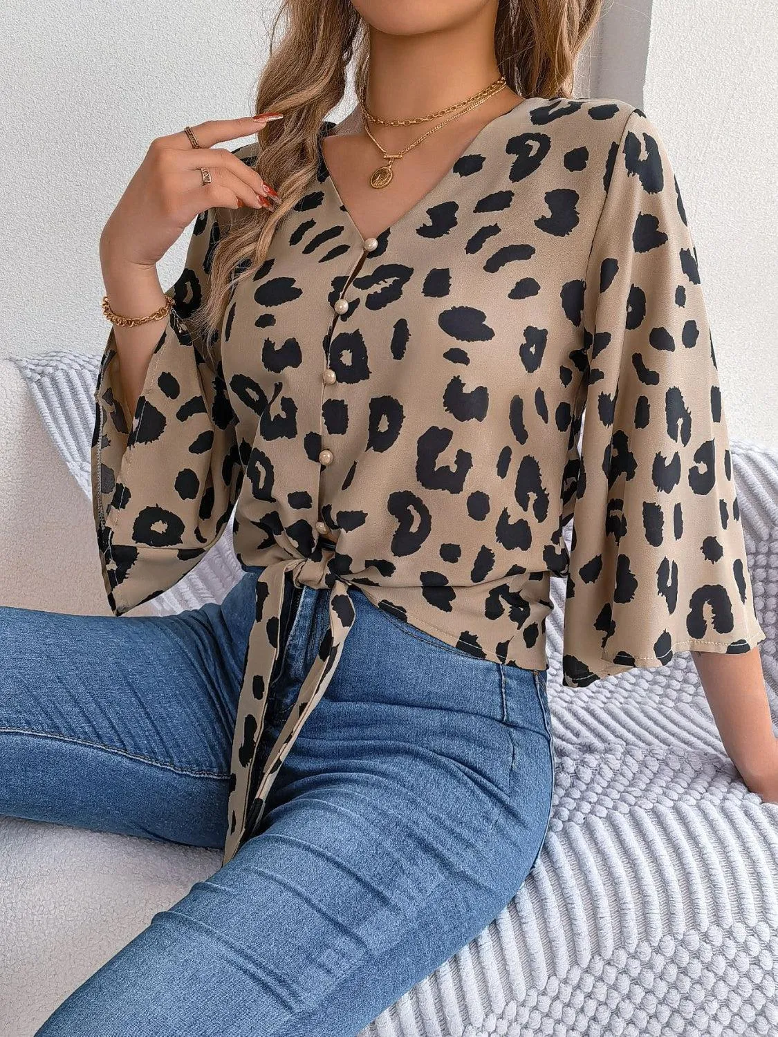 Leopard Print Tie Front Three Quarter Sleeve Blouse